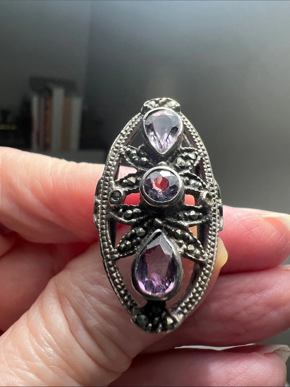 Stylish Silver Ring with Purple Gem Accents - Vintage